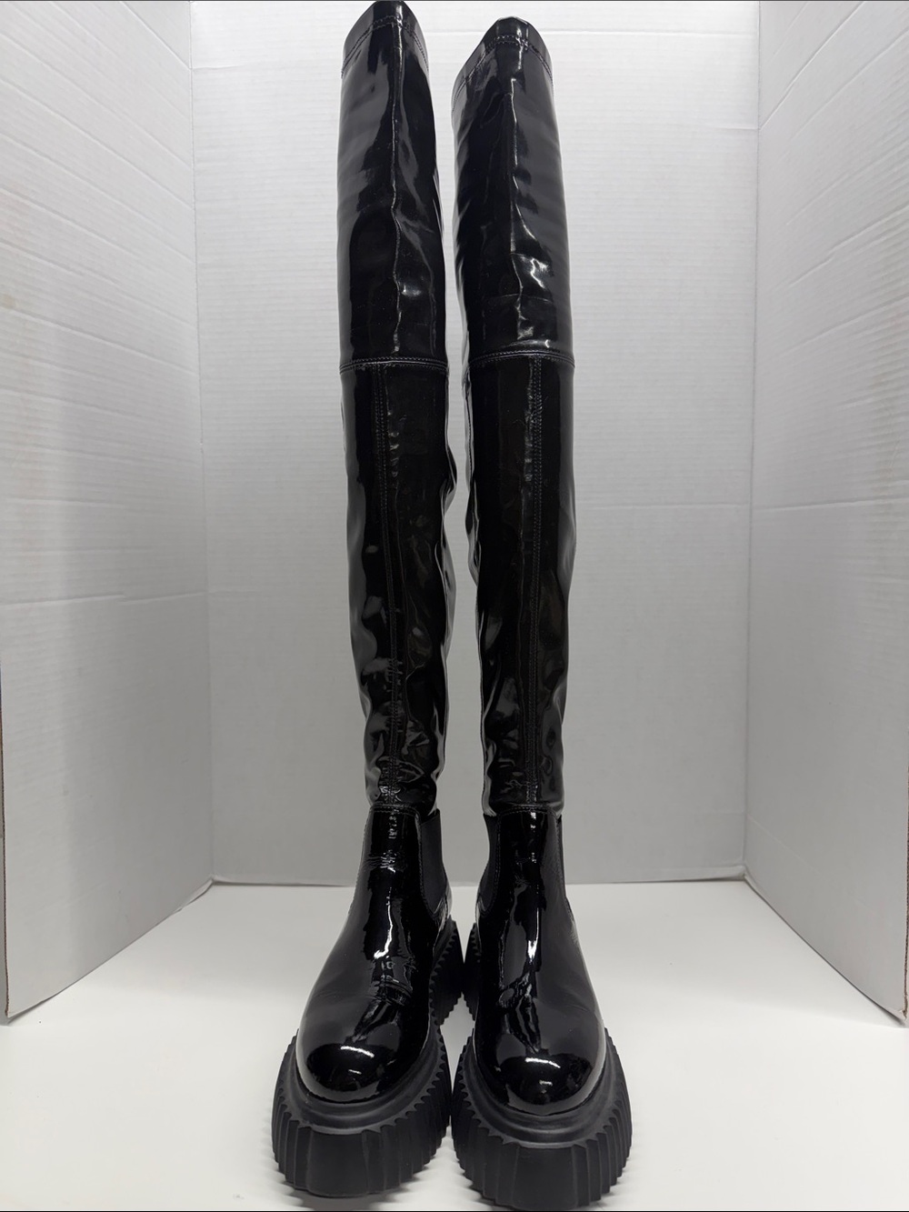 AGL Over The Knee Boots Tall Pull On Patent Shiny Leather Stretch Black Size 6.5 - Picture 4 of 9